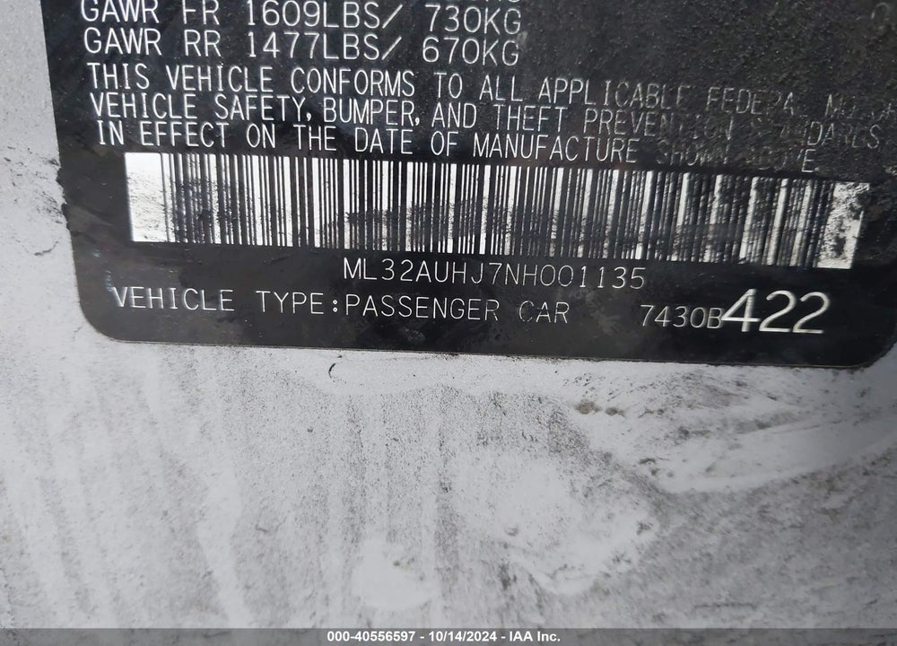 2022 MITSUBISHI MIRAGE ES VIN: ML32AUHJ7NH001135