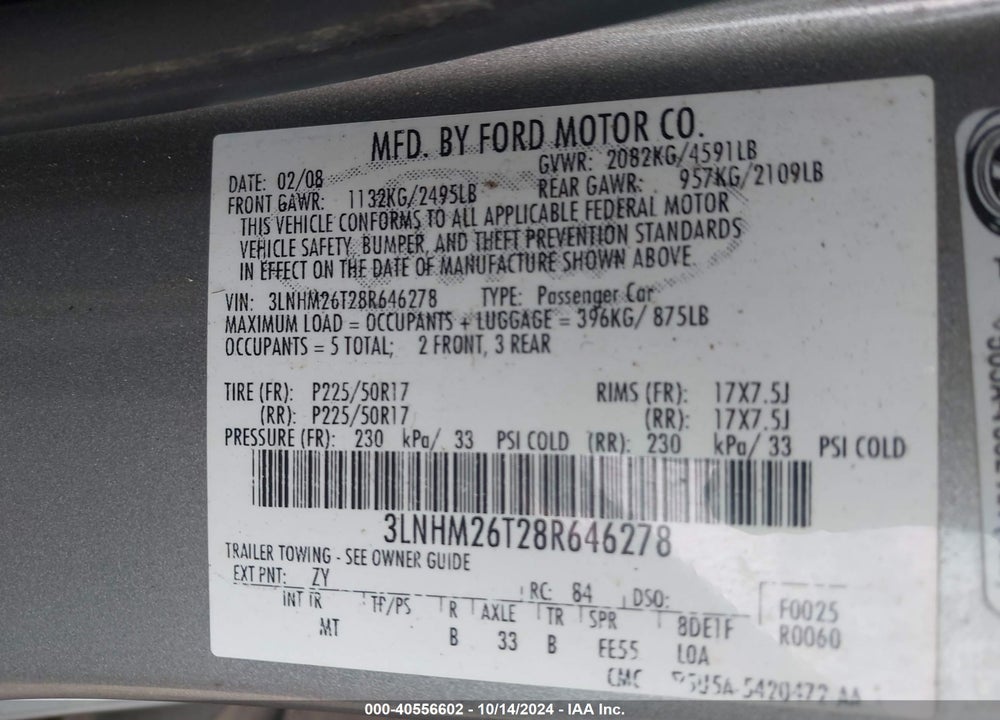 2008 LINCOLN MKZ VIN: 3LNHM26T28R646278