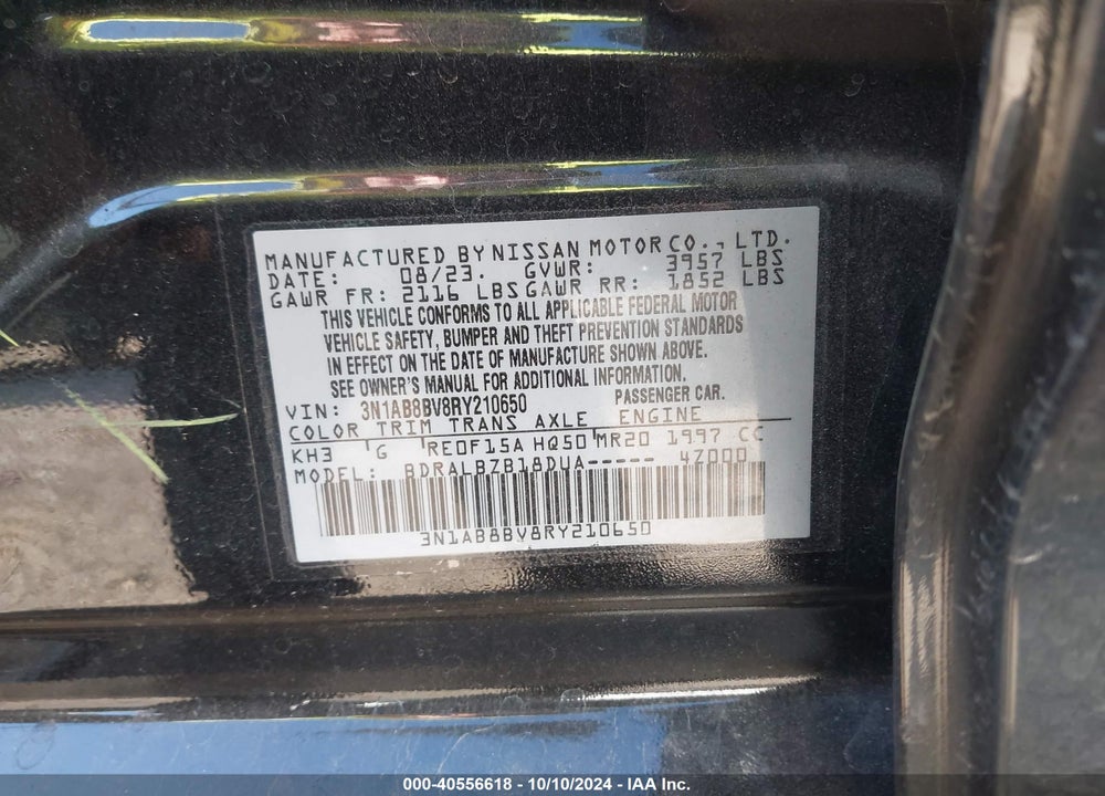 2024 NISSAN SENTRA S XTRONIC CVT VIN: 3N1AB8BV8RY210650