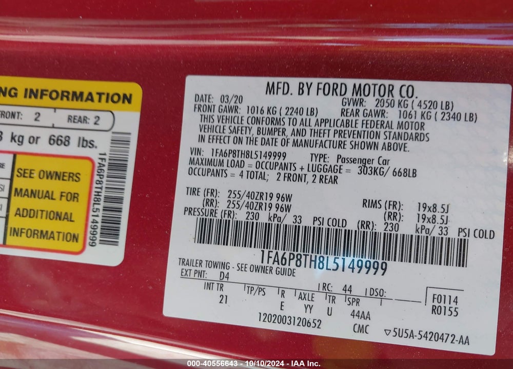 2020 FORD MUSTANG ECOBOOST VIN: 1FA6P8TH8L5149999