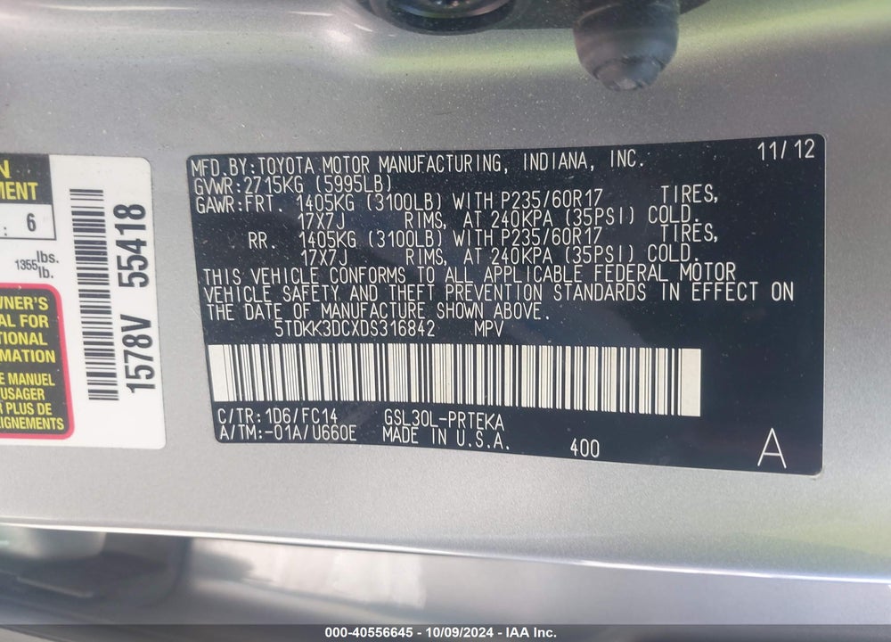 2013 TOYOTA SIENNA LE V6 8 PASSENGER VIN: 5TDKK3DCXDS316842