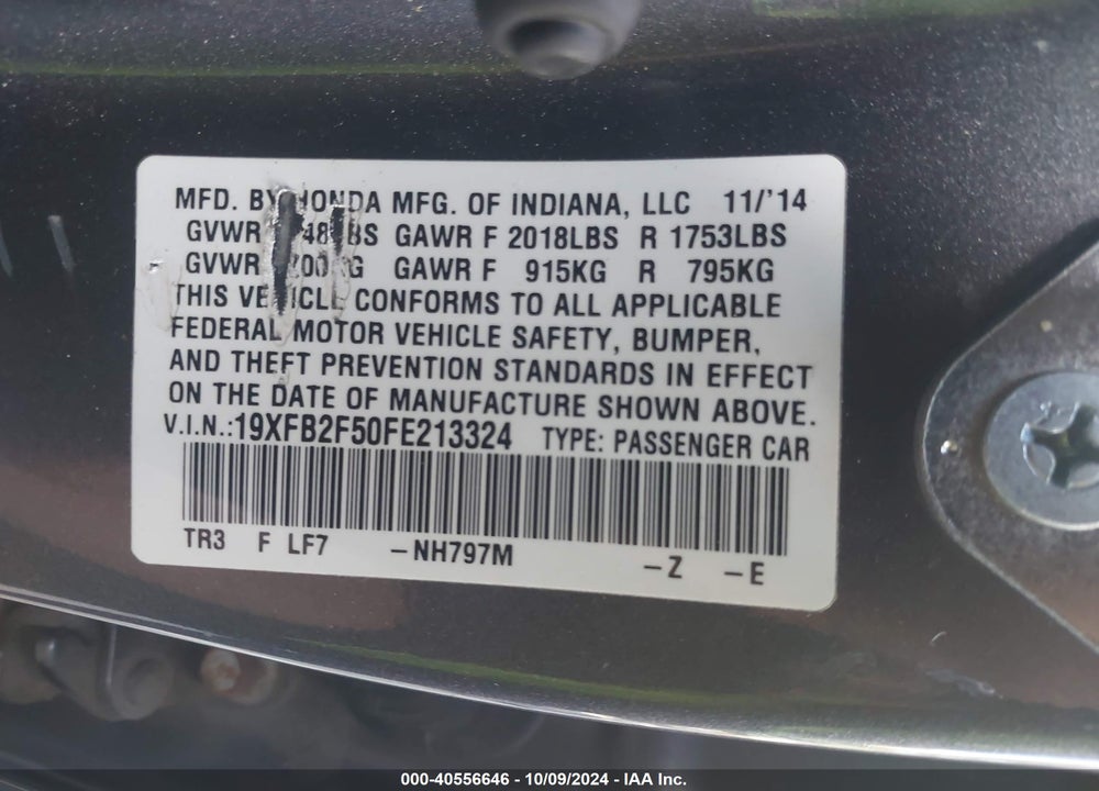 2015 HONDA CIVIC LX VIN: 19XFB2F50FE213324