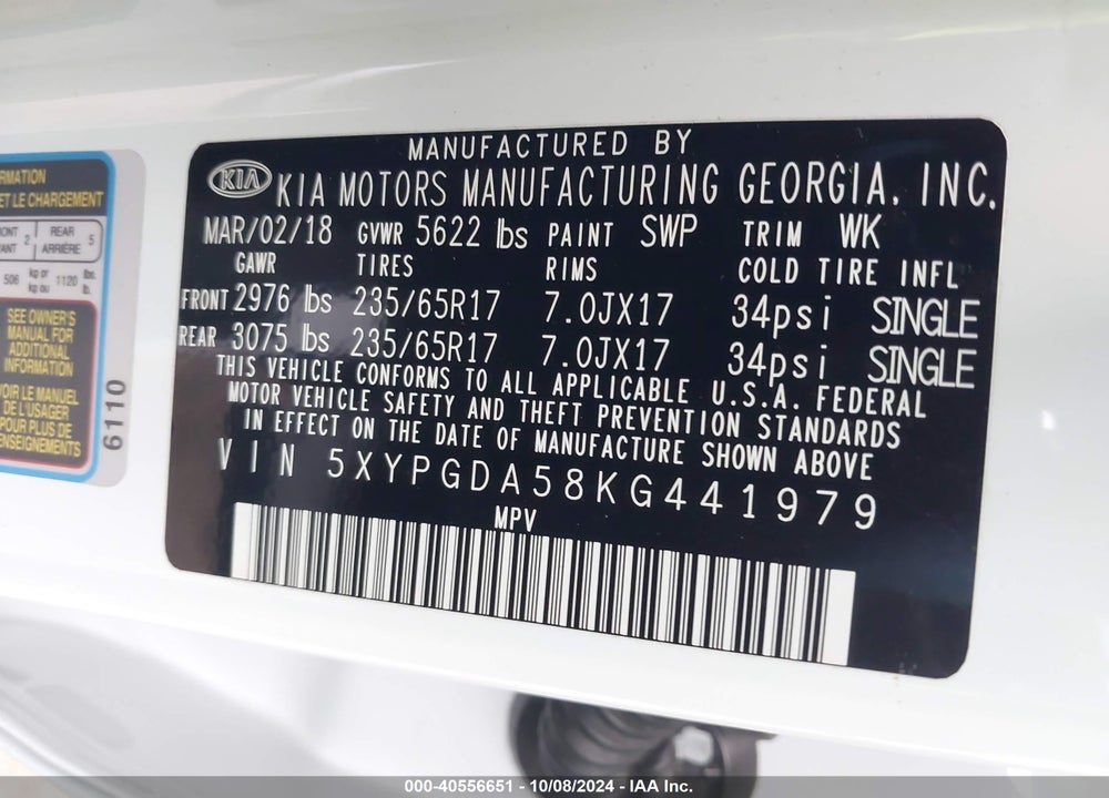 2019 KIA SORENTO 3.3L LX VIN: 5XYPGDA58KG441979
