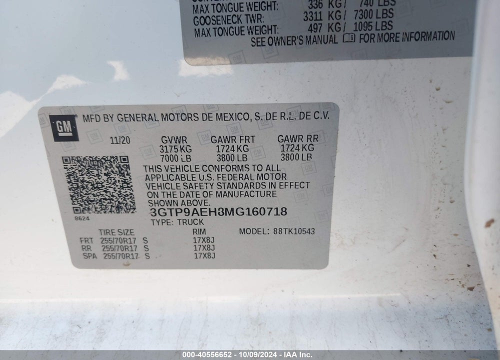2021 GMC SIERRA 1500 4WD  SHORT BOX VIN: 3GTP9AEH8MG160718