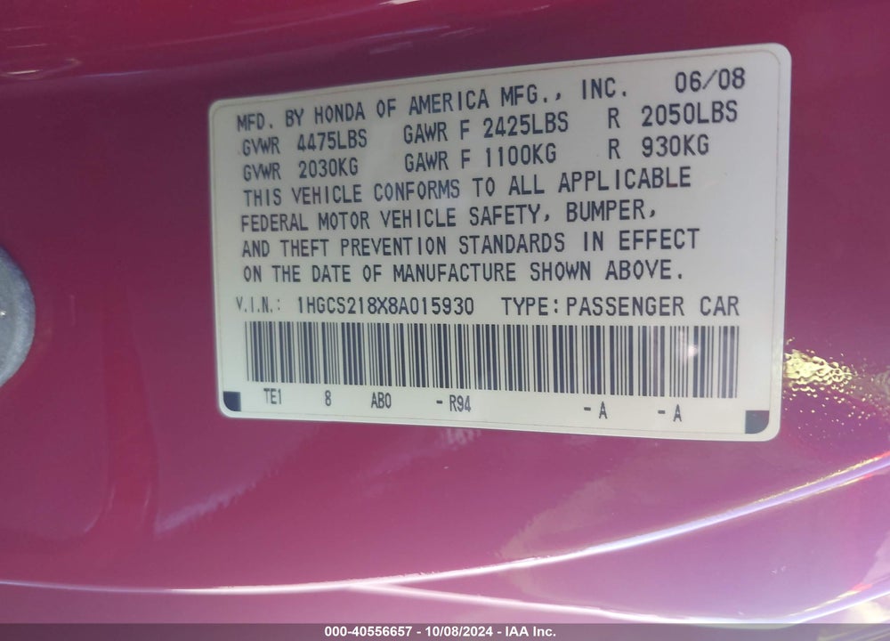2008 HONDA ACCORD 3.5 EX-L VIN: 1HGCS218X8A015930