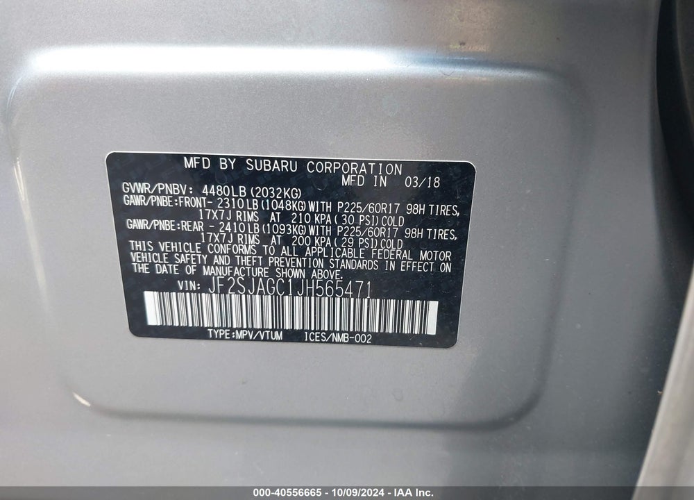 2018 SUBARU FORESTER 2.5I PREMIUM VIN: JF2SJAGC1JH565471