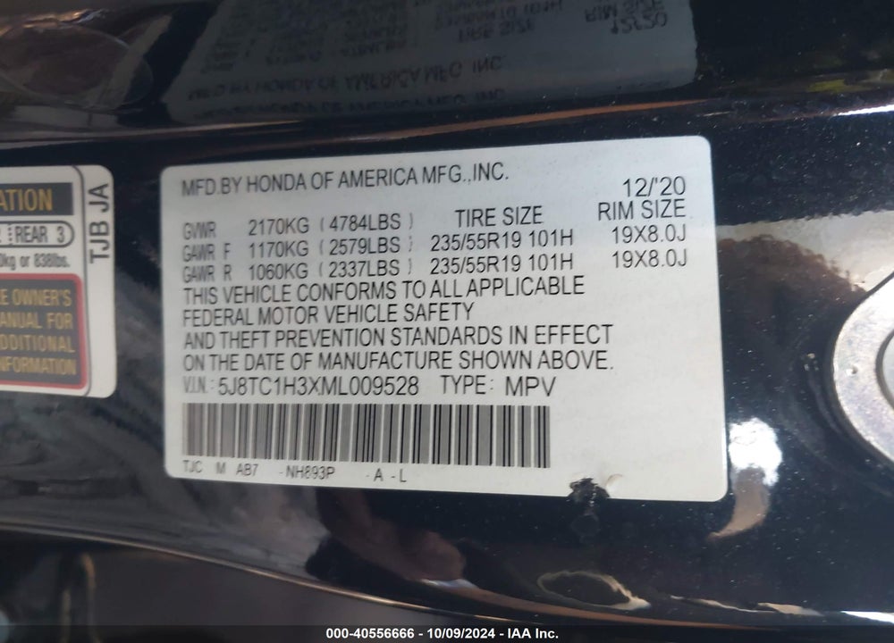 2021 ACURA RDX STANDARD VIN: 5J8TC1H3XML009528