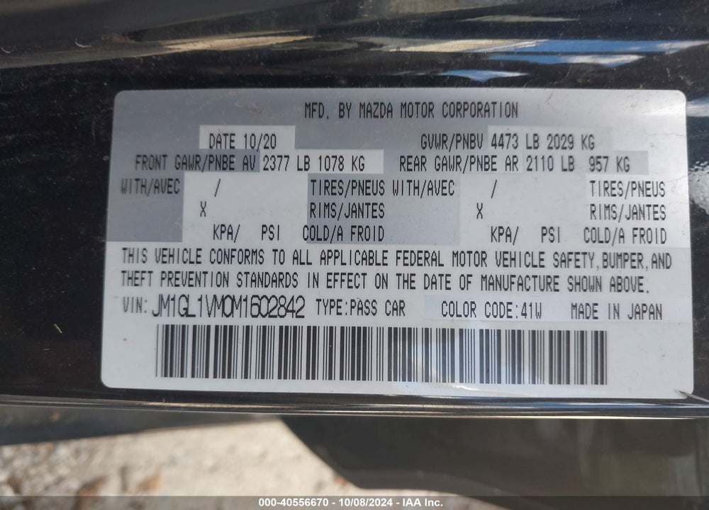 2021 MAZDA 6 TOURING VIN: JM1GL1VM0M1602842