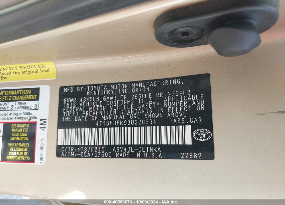 2011 TOYOTA CAMRY LE VIN: 4T1BF3EK9BU228394