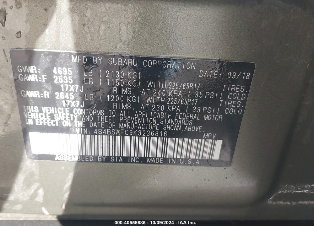 2019 SUBARU OUTBACK 2.5I PREMIUM VIN: 4S4BSAFC9K3236816