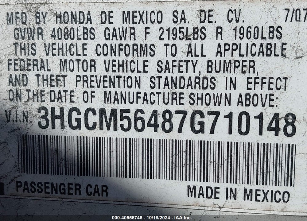 2007 HONDA ACCORD VIN: 3HGCM56487G710148