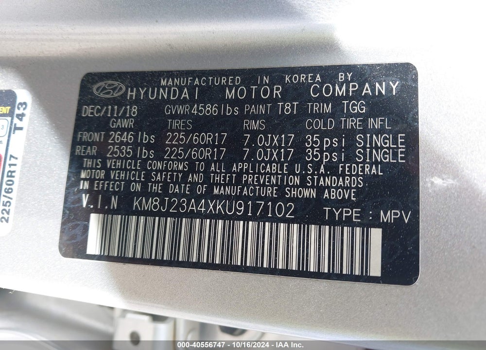 2019 HYUNDAI TUCSON SE VIN: KM8J23A4XKU917102