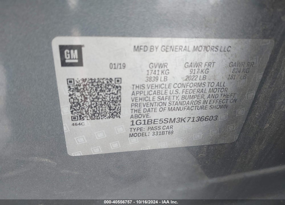 2019 CHEVROLET CRUZE LT VIN: 1G1BE5SM3K7136603
