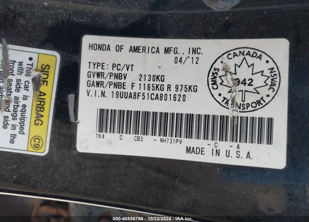 2012 ACURA TL 3.5 VIN: 19UUA8F51CA801620