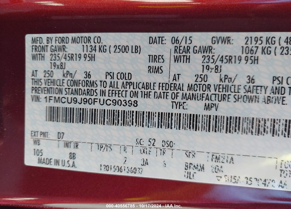 2015 FORD ESCAPE TITANIUM VIN: 1FMCU9J90FUC90398