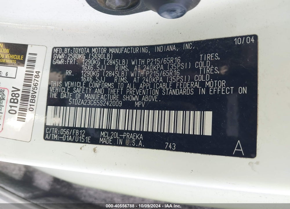 2005 TOYOTA SIENNA LE VIN: 5TDZA23C65S242009