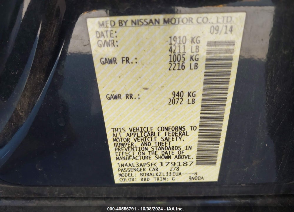 2015 NISSAN ALTIMA 2.5 SV VIN: 1N4AL3AP5FC179187