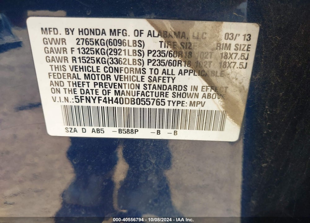 2013 HONDA PILOT EX VIN: 5FNYF4H40DB055765