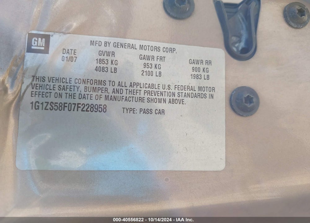 2007 CHEVROLET MALIBU LS VIN: 1G1ZS58F07F228958