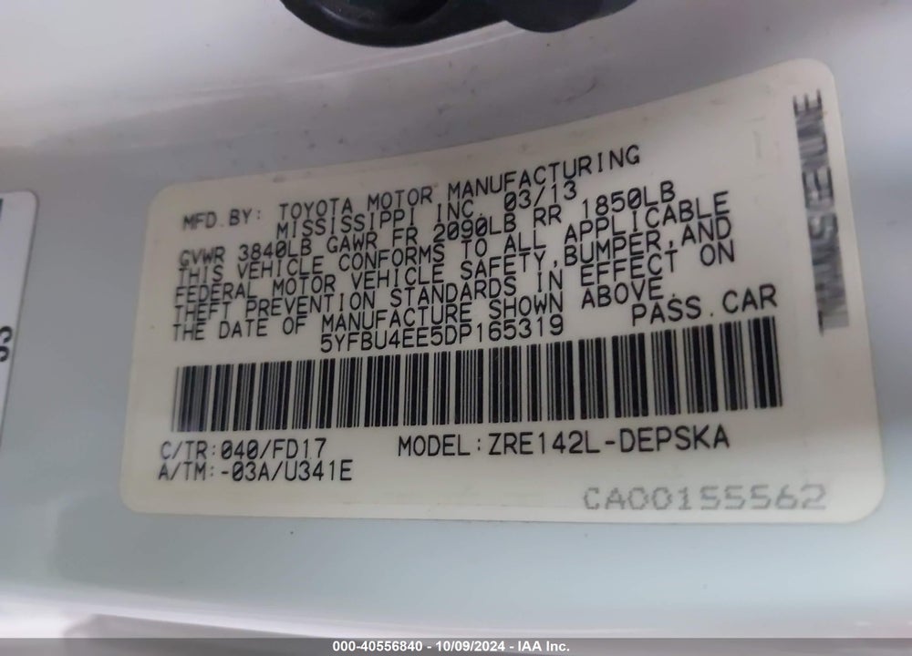 2013 TOYOTA COROLLA S VIN: 5YFBU4EE5DP165319