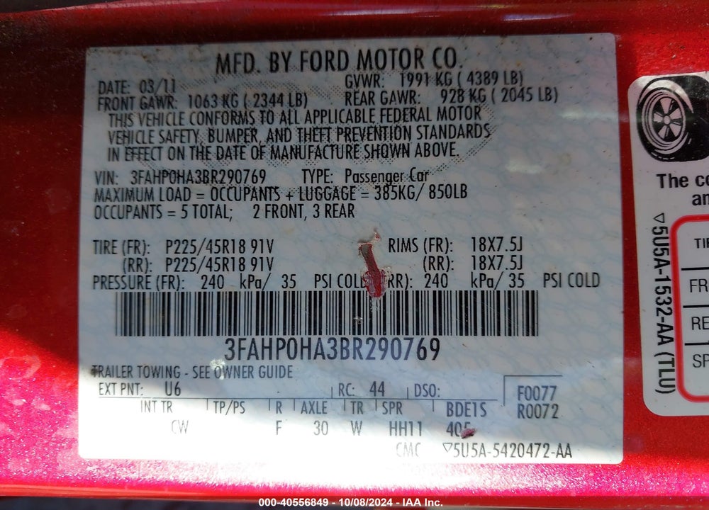 2011 FORD FUSION SE VIN: 3FAHP0HA3BR290769