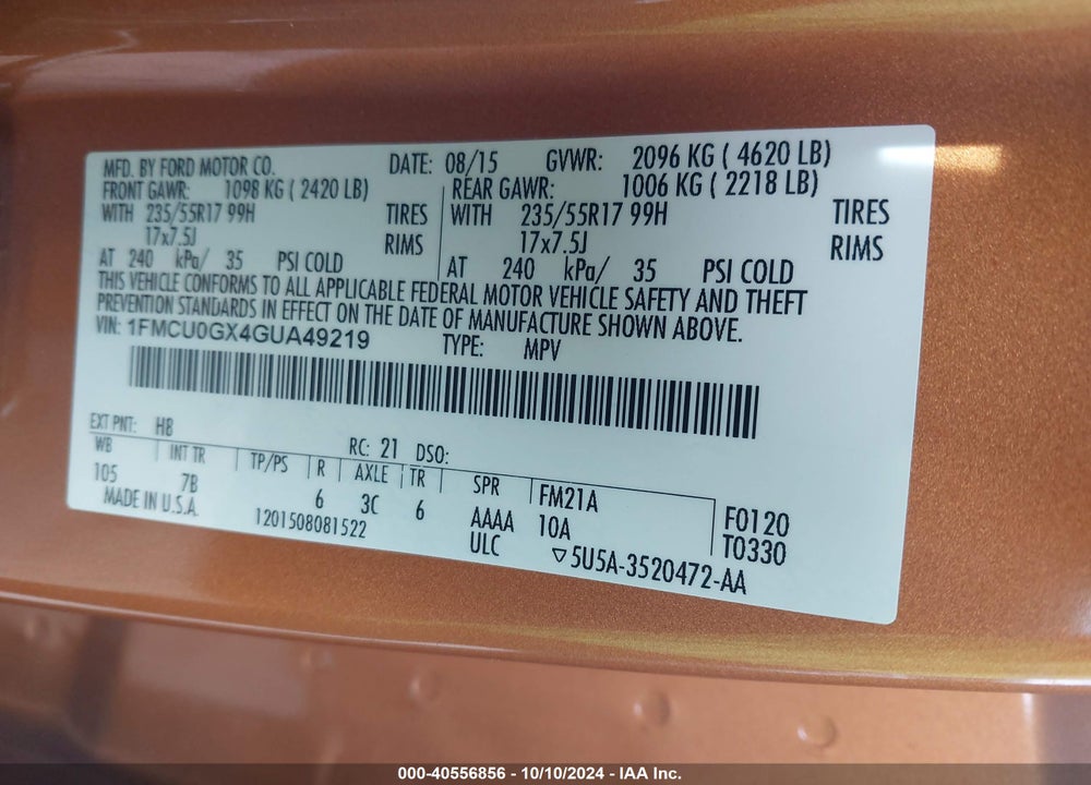 2016 FORD ESCAPE SE VIN: 1FMCU0GX4GUA49219