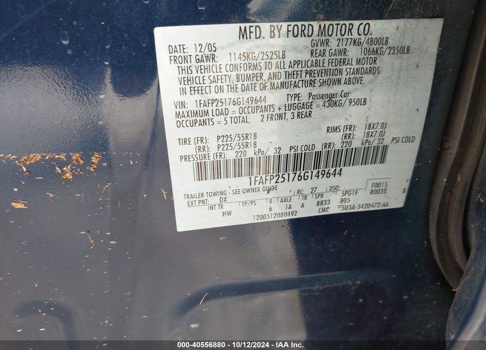 2006 FORD FIVE HUNDRED LIMITED VIN: 1FAFP25176G149644
