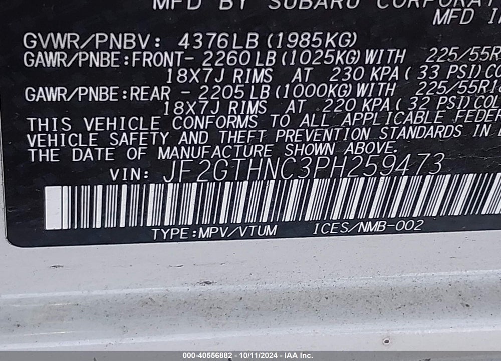 2023 SUBARU CROSSTREK LIMITED VIN: JF2GTHNC3PH259473