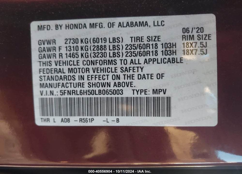 2020 HONDA ODYSSEY EX VIN: 5FNRL6H50LB065003