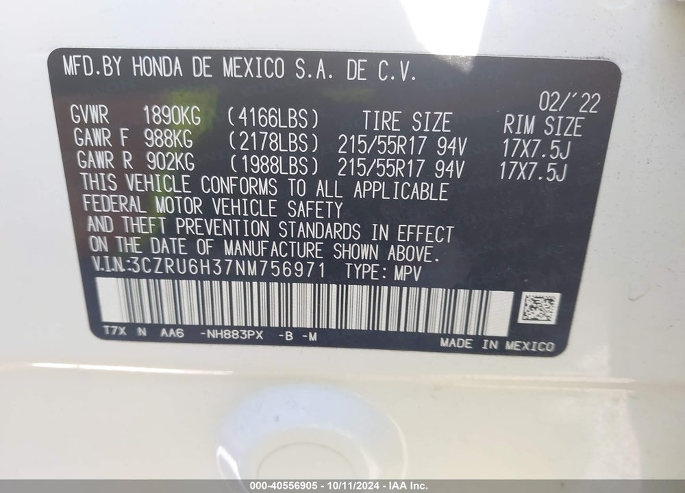 2022 HONDA HR-V AWD LX VIN: 3CZRU6H37NM756971