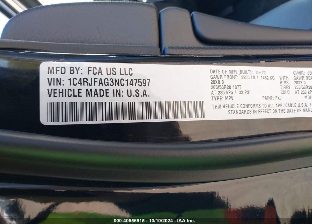 2022 JEEP GRAND CHEROKEE WK LAREDO X 4X4 VIN: 1C4RJFAG3NC147597
