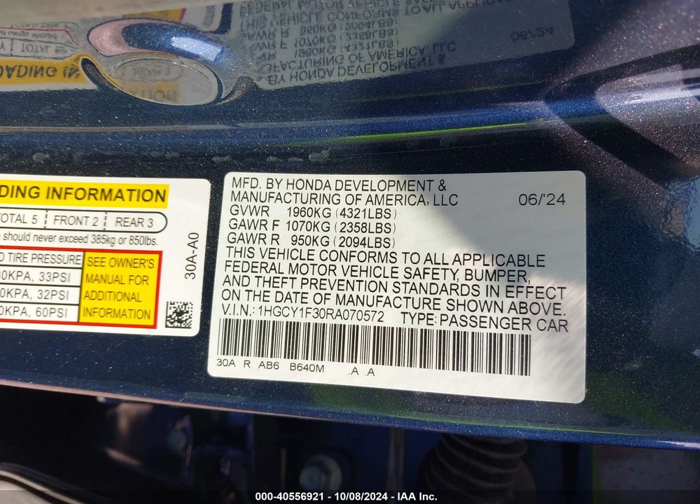 2024 HONDA ACCORD EX VIN: 1HGCY1F30RA070572