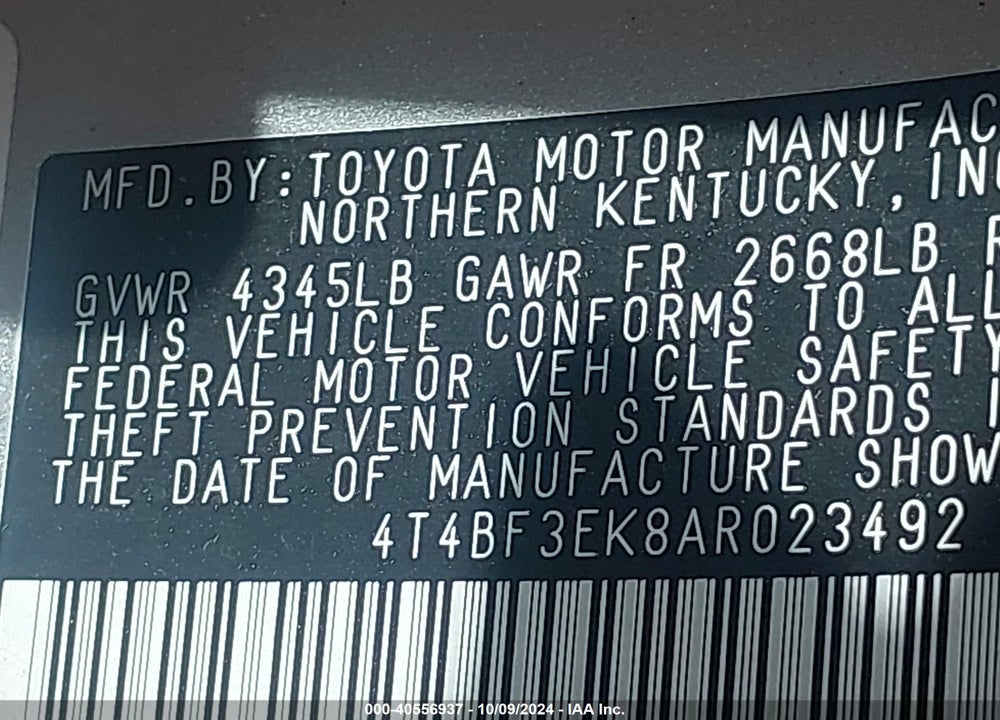 2010 TOYOTA CAMRY LE VIN: 4T4BF3EK8AR023492