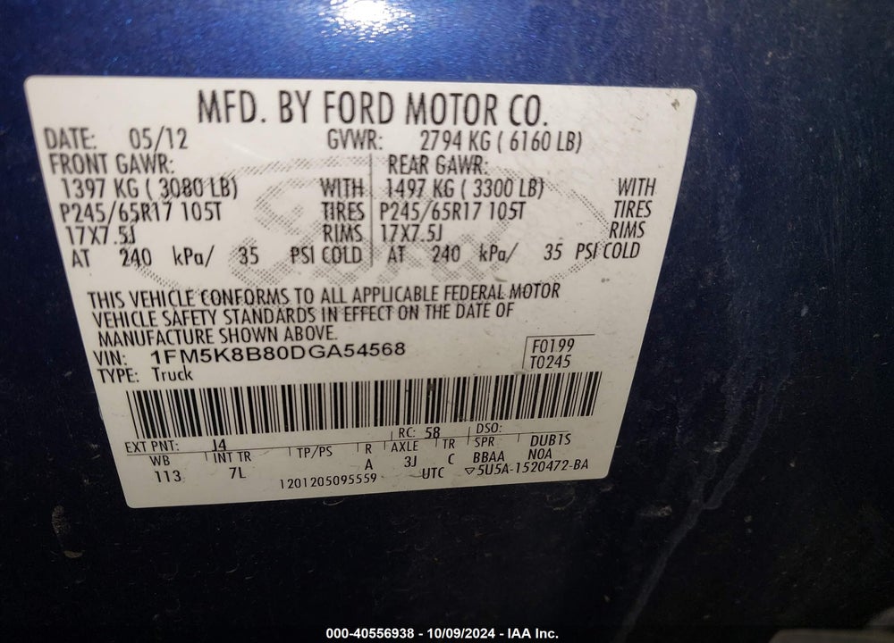 2013 FORD EXPLORER VIN: 1FM5K8B80DGA54568