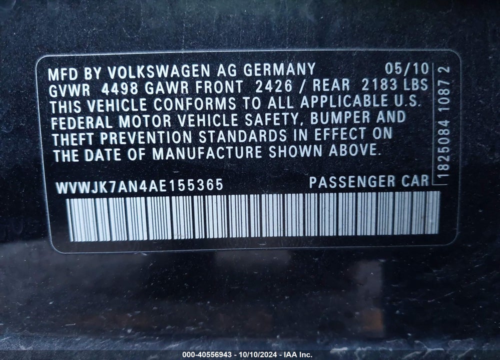 2010 VOLKSWAGEN PASSAT KOMFORT VIN: WVWJK7AN4AE155365