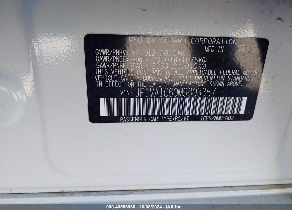 2021 SUBARU WRX PREMIUM VIN: JF1VA1C60M9803357