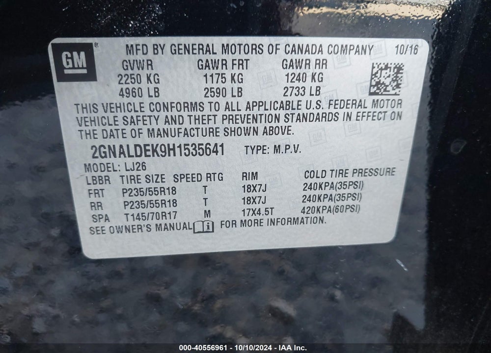 2017 CHEVROLET EQUINOX PREMIER VIN: 2GNALDEK9H1535641