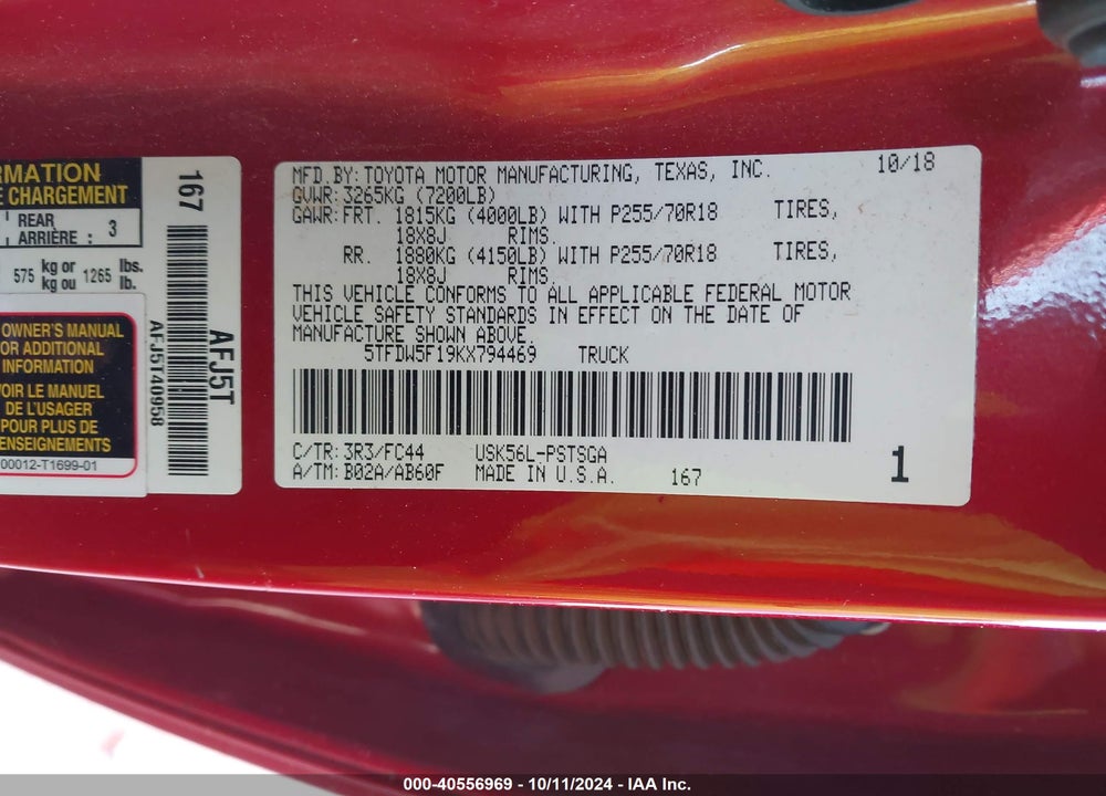 2019 TOYOTA TUNDRA SR5 5.7L V8 VIN: 5TFDW5F19KX794469