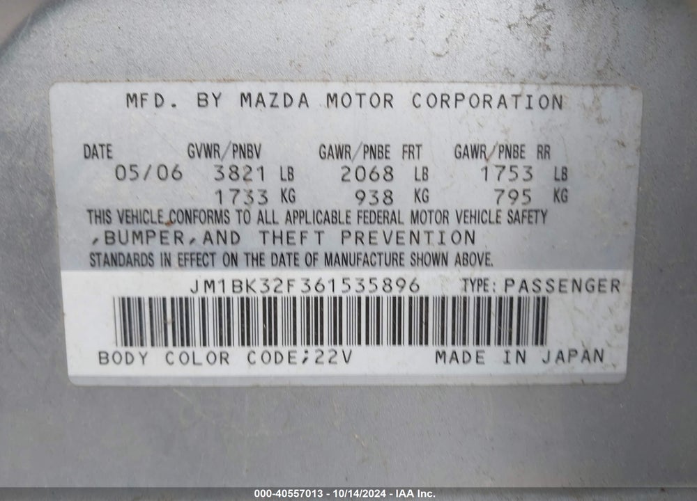 2006 MAZDA 3 I VIN: JM1BK32F361535896