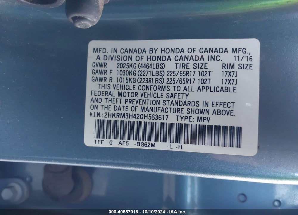 2016 HONDA CR-V SE VIN: 2HKRM3H42GH563617