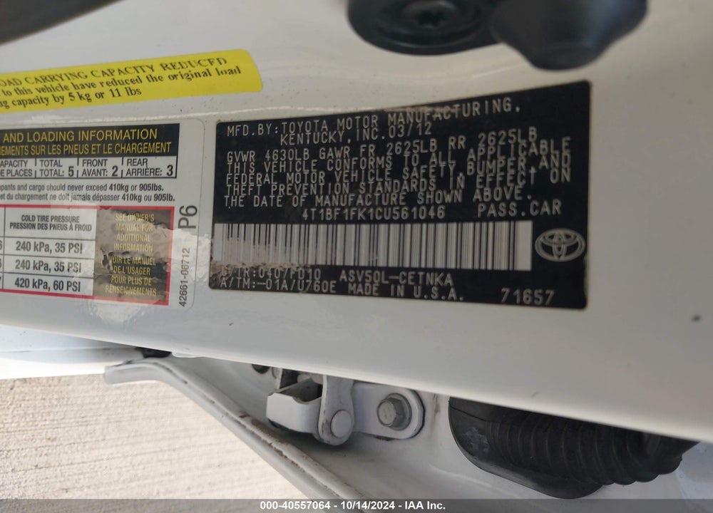 2012 TOYOTA CAMRY LE VIN: 4T1BF1FK1CU561046