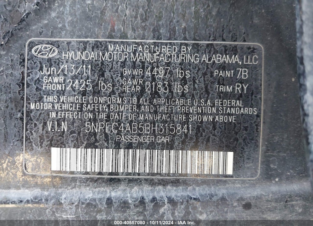 2011 HYUNDAI SONATA SE 2.0T VIN: 5NPEC4AB5BH315841