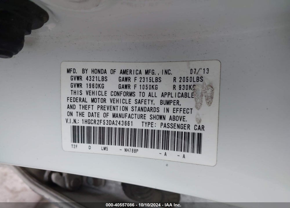 2013 HONDA ACCORD SPORT VIN: 1HGCR2F53DA243661