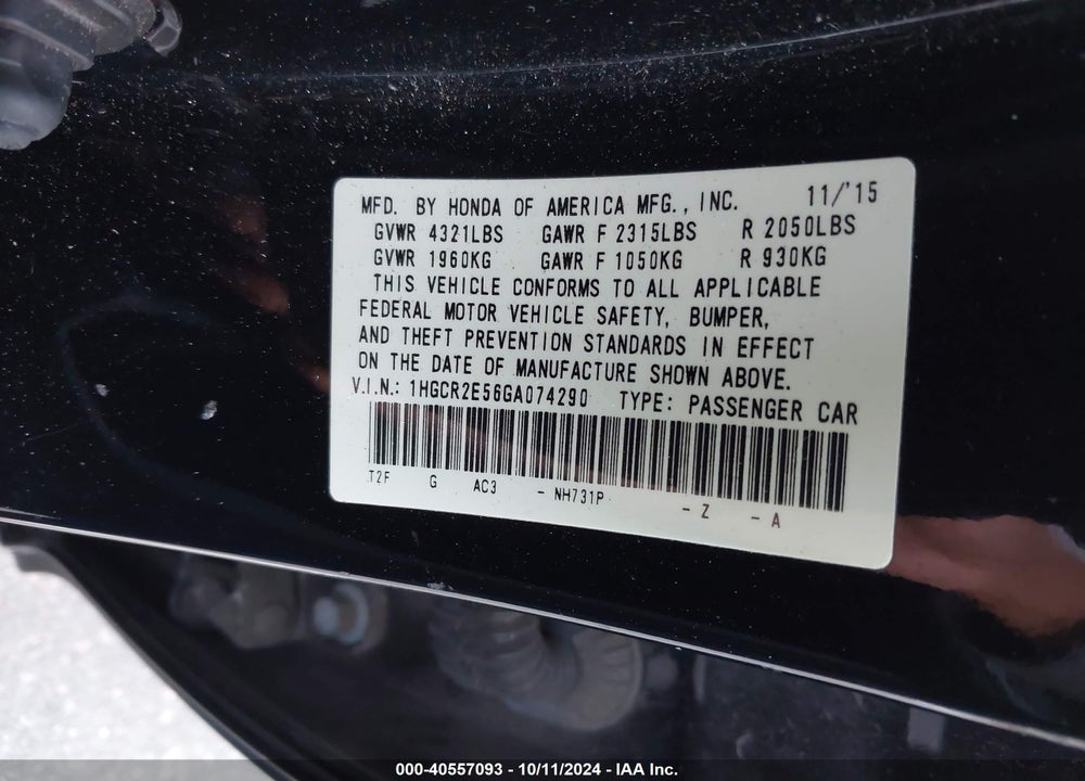 2016 HONDA ACCORD SPORT VIN: 1HGCR2E56GA074290
