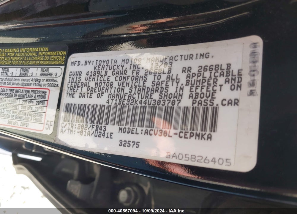 2004 TOYOTA CAMRY LE VIN: 4T1BE32K44U303707