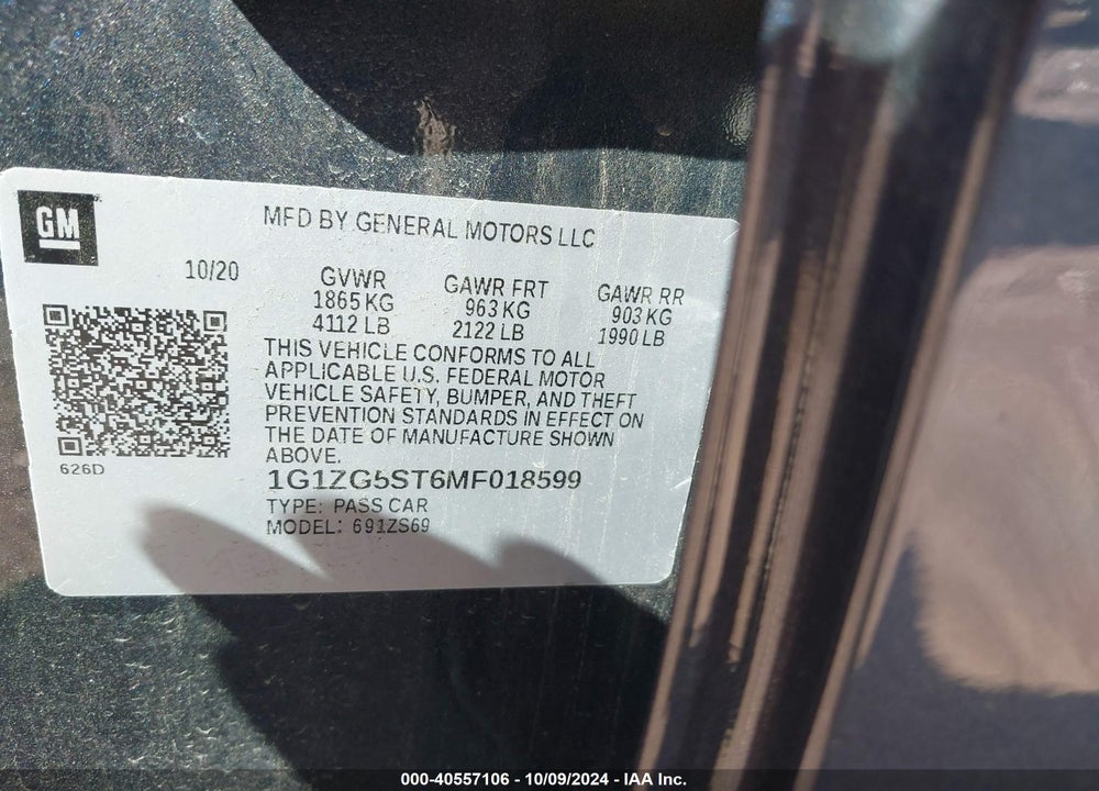 2021 CHEVROLET MALIBU FWD RS VIN: 1G1ZG5ST6MF018599