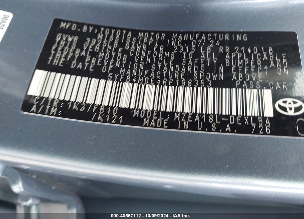 2024 TOYOTA COROLLA LE VIN: 5YFB4MDE4RP198353