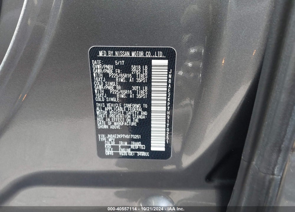2017 NISSAN QUEST SV VIN: JN8AE2KP7H9170251