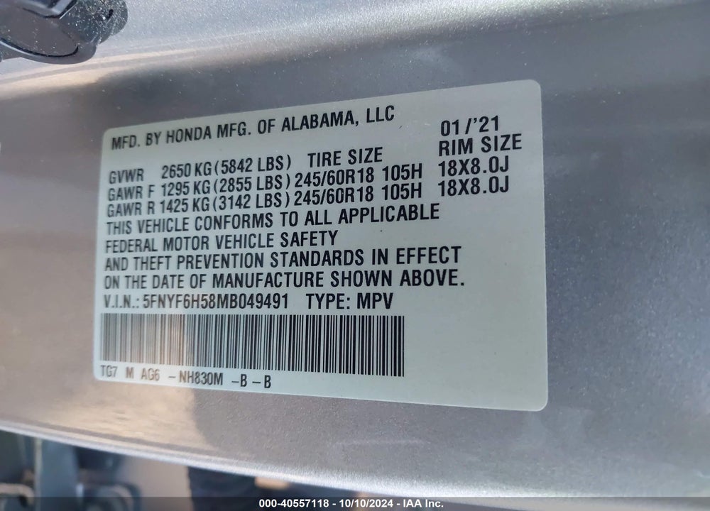 2021 HONDA PILOT AWD EX-L VIN: 5FNYF6H58MB049491