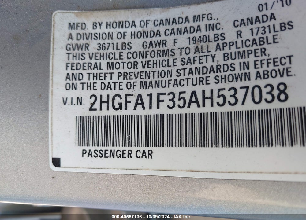2010 HONDA CIVIC VP VIN: 2HGFA1F35AH537038